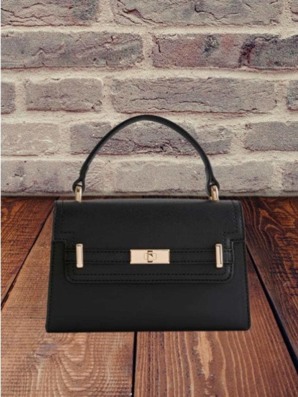 Black Faux Leather Top-Handle Bag